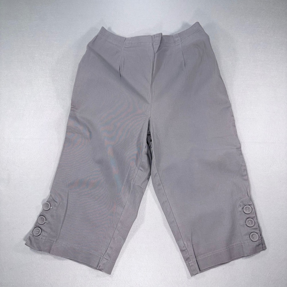 Denim & Co Grey Button Hem Capri Pants A89432 Medium Elastic Waist Cropped